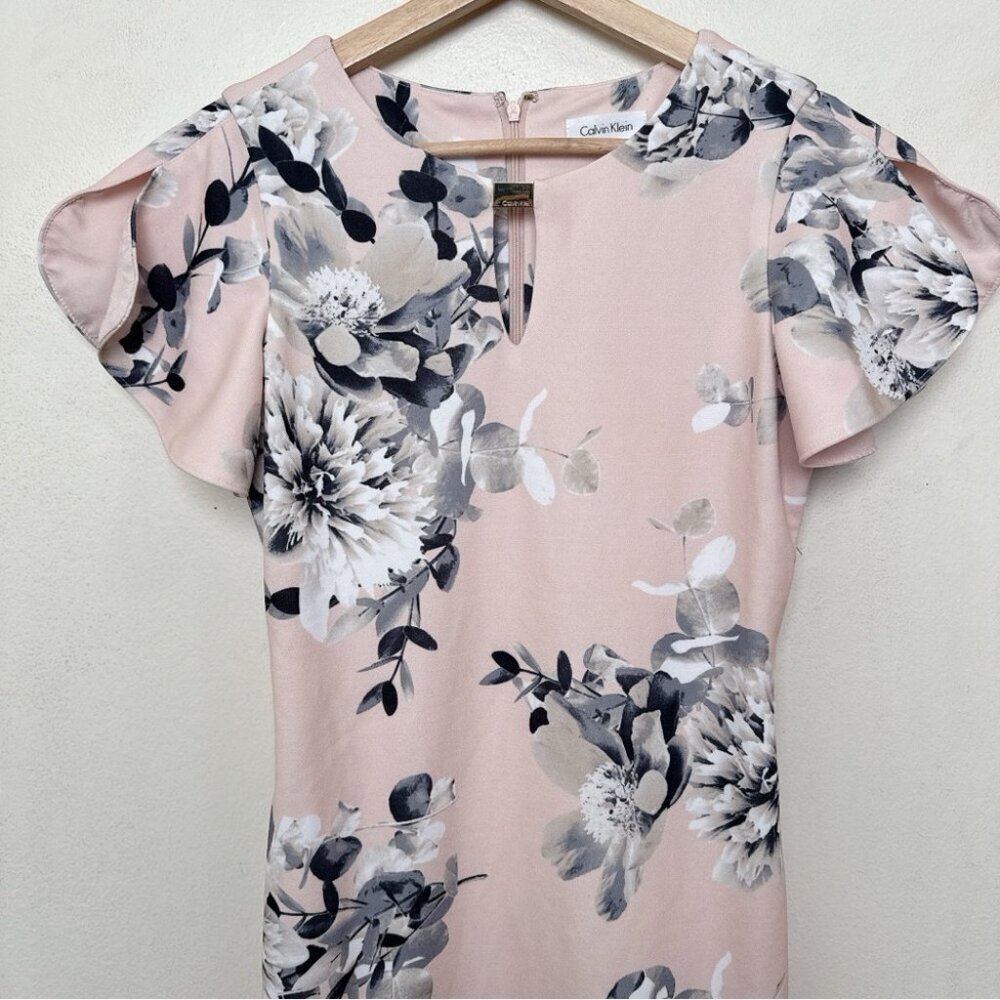 Calvin Klein Womens 2 Floral Ruffle Sleeve Sheath Dress Pink Color - Picture 3 of 12